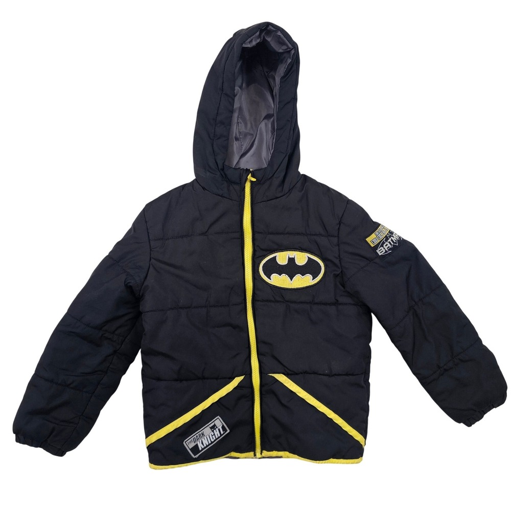 Batman The Dark Knight Boys Puffer Jacket Black Yellow Hooded Size 6/7 Small